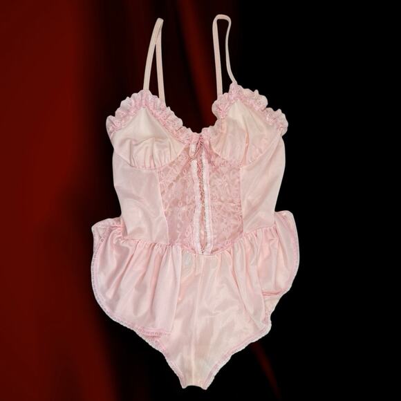 60's Vintage Pink Lace Corset Top Coquette Flutter Leg Bodysuit Lingerie Teddy L - Picture 1 of 8